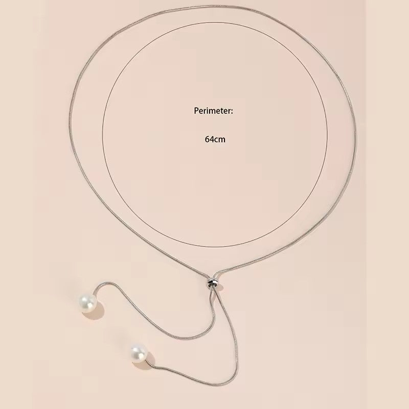 Simple Faux Pearl Pendant Adjustable Long Sweater Chain Necklace